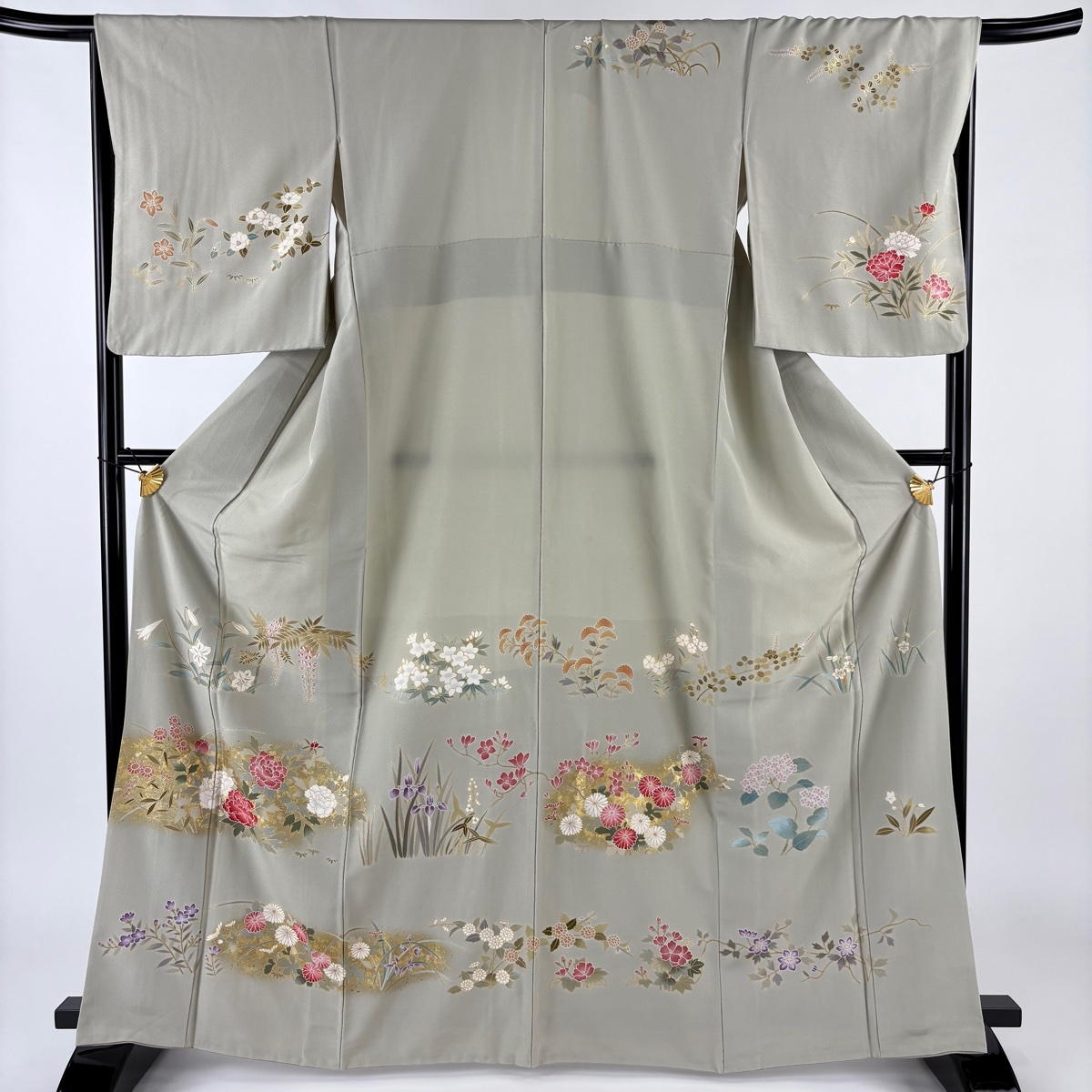 訪問着 身丈166cm 裄丈67cm M 袷 牡丹 菊 金彩 ぼかし 灰緑 正絹 秀品 【中古】拍卖
