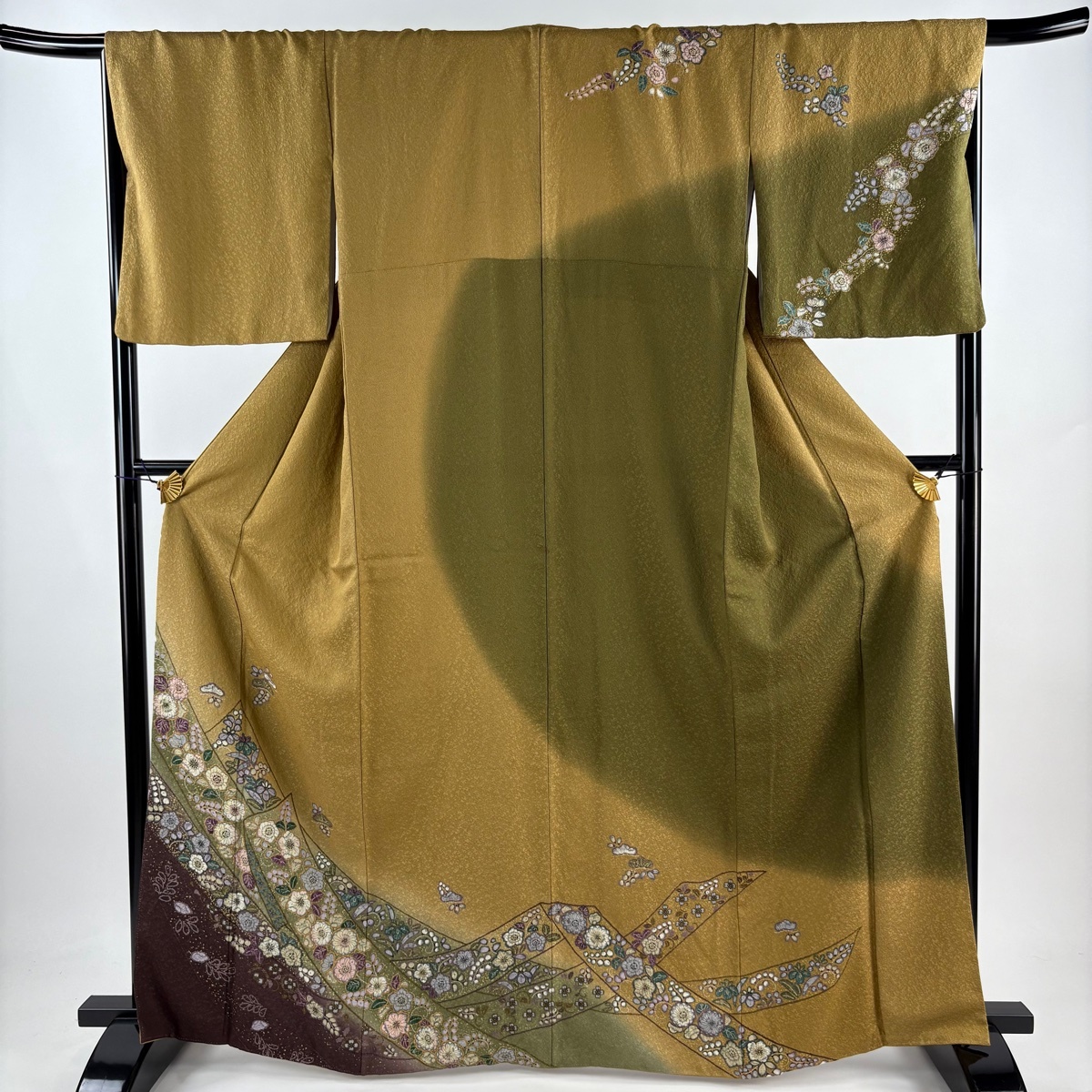 訪問着 身丈164.5cm 裄丈69cm L 袷 笠松 辻が花柄 金彩 ぼかし 山吹茶色 正絹 美品 名品 【中古】拍卖