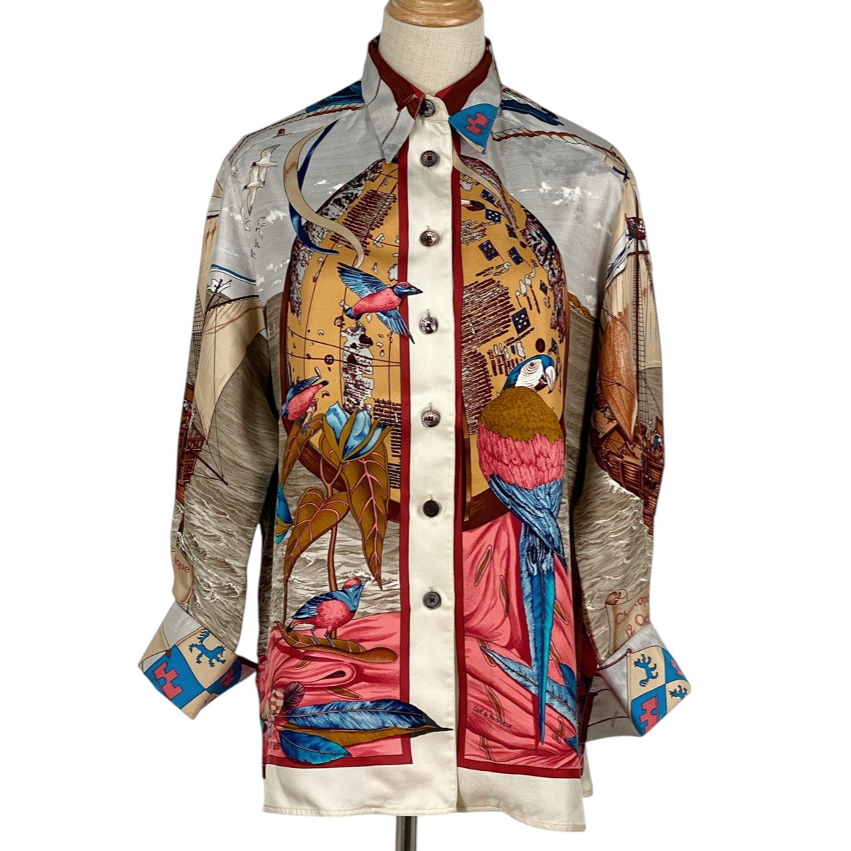 エルメス HERMES ロゴ 長袖シャツ 船と装飾模様 トップス 長袖シャツ シルク ホワイト マルチカラー レディース 【中古】拍卖