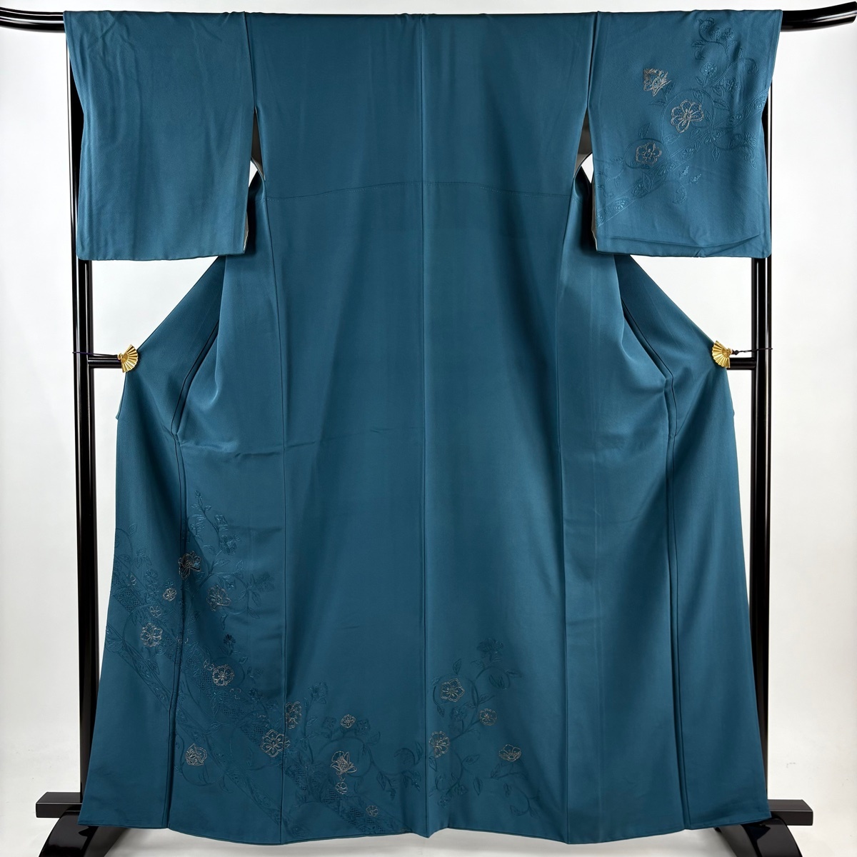 訪問着 身丈162.5cm 裄丈67.5cm L 袷 花唐草 熨斗 刺繍 金糸 青緑 正絹 秀品 【中古】拍卖