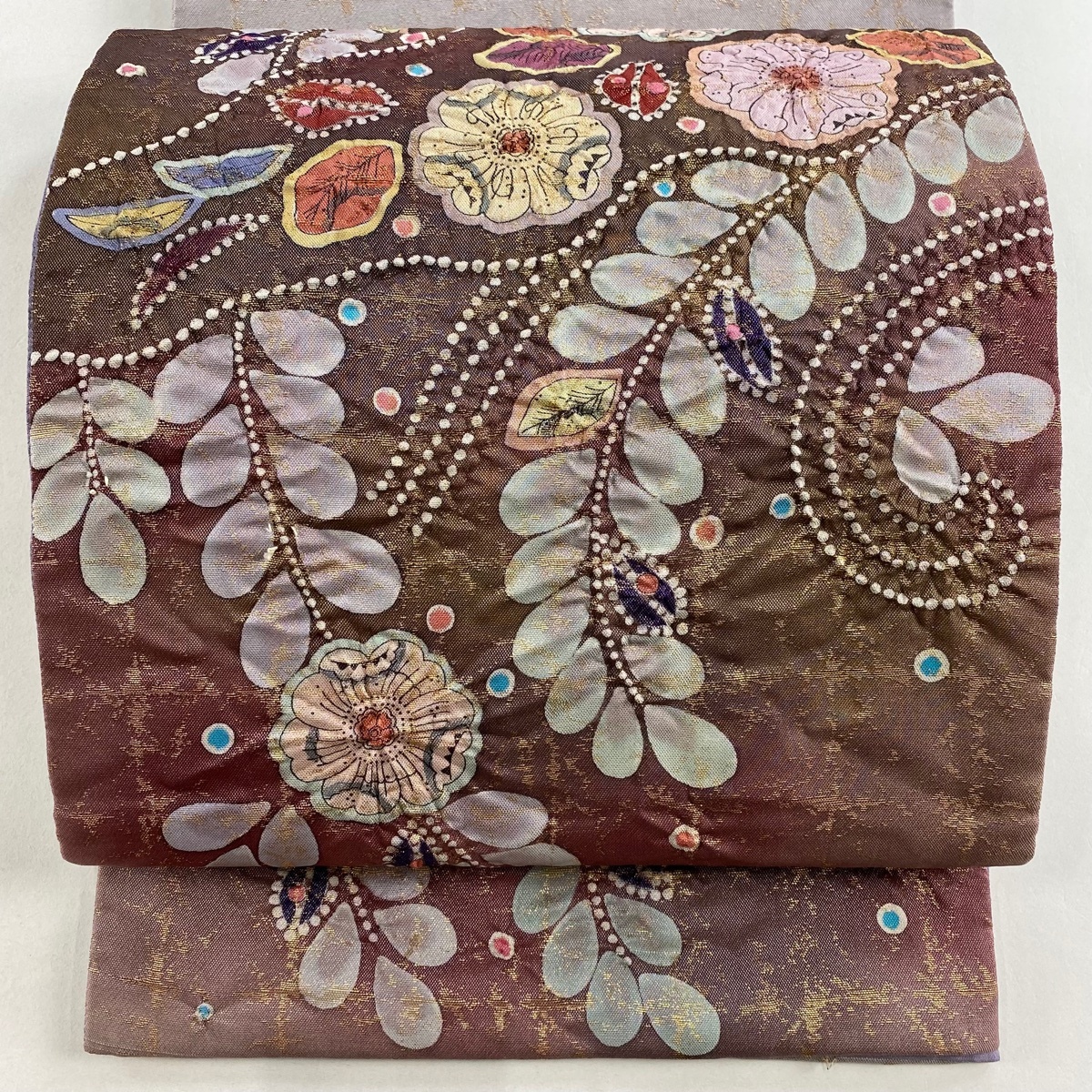 袋帯 名品 落款 辻が花 箔 赤紫 お太鼓柄 正絹 【中古】拍卖