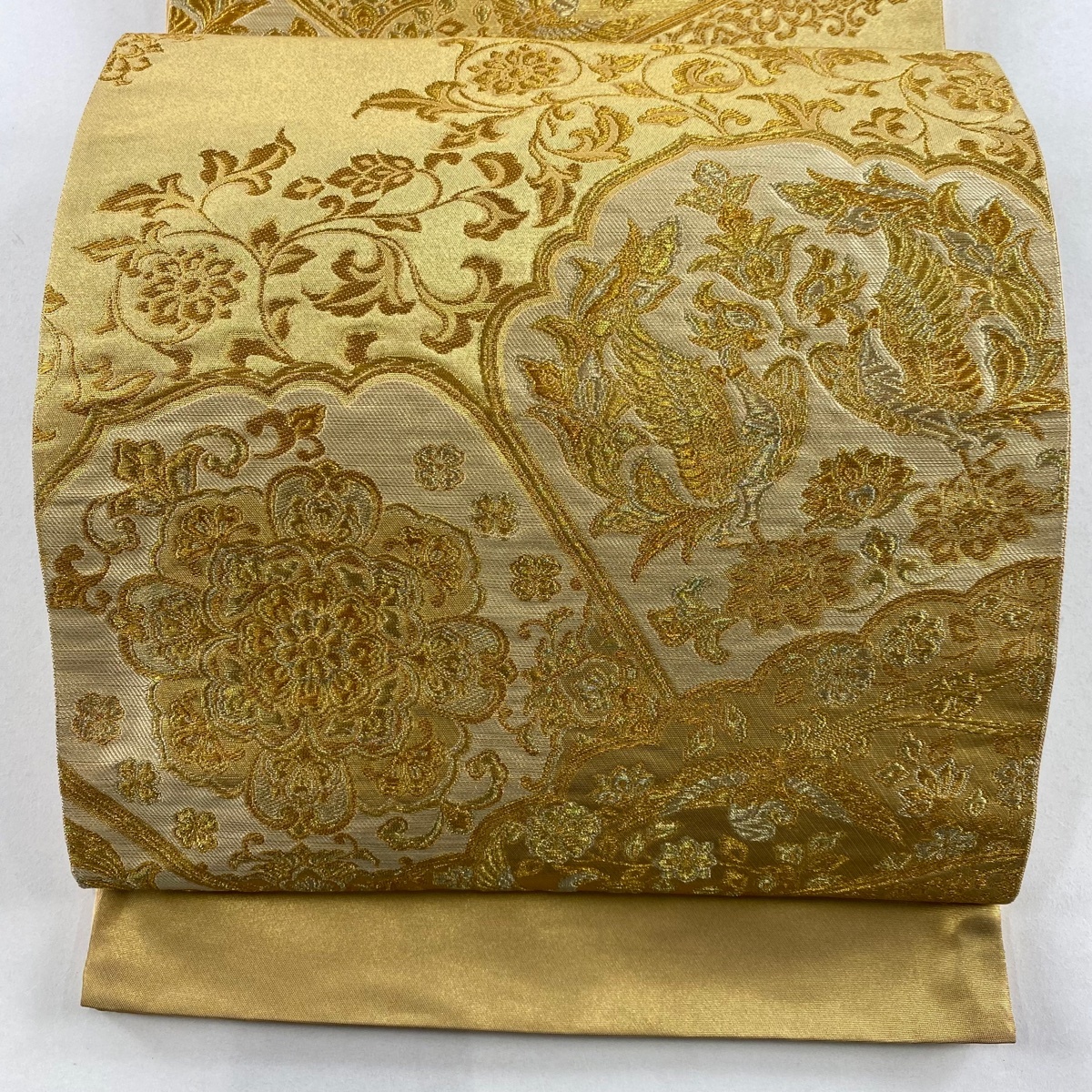 袋帯 美品 名品 落款 証紙 関西仕立て 本家加納 向かい鳥 華文 金銀糸 箔 金色 六通 正絹 【中古】拍卖