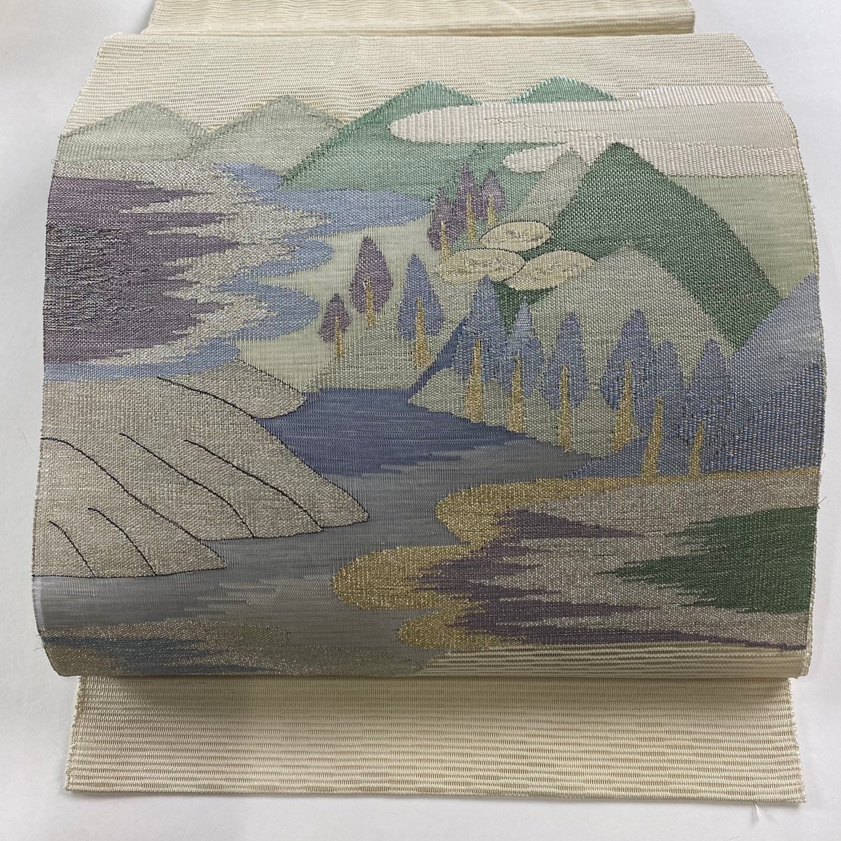 名古屋帯 秀品 夏帯 松葉仕立て 八寸名古屋帯 トンネル仕立て 風景 樹木 金銀糸 ベージュ 正絹 【中古】拍卖