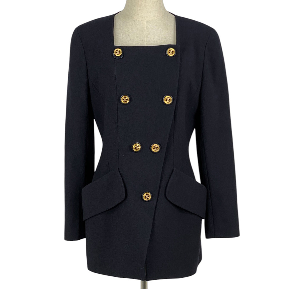 シャネル CHANEL ココマークボタン ノーカラージャケット ダブル コート ノーカラージャケット ウール ネイビー レディース 【中古】拍卖