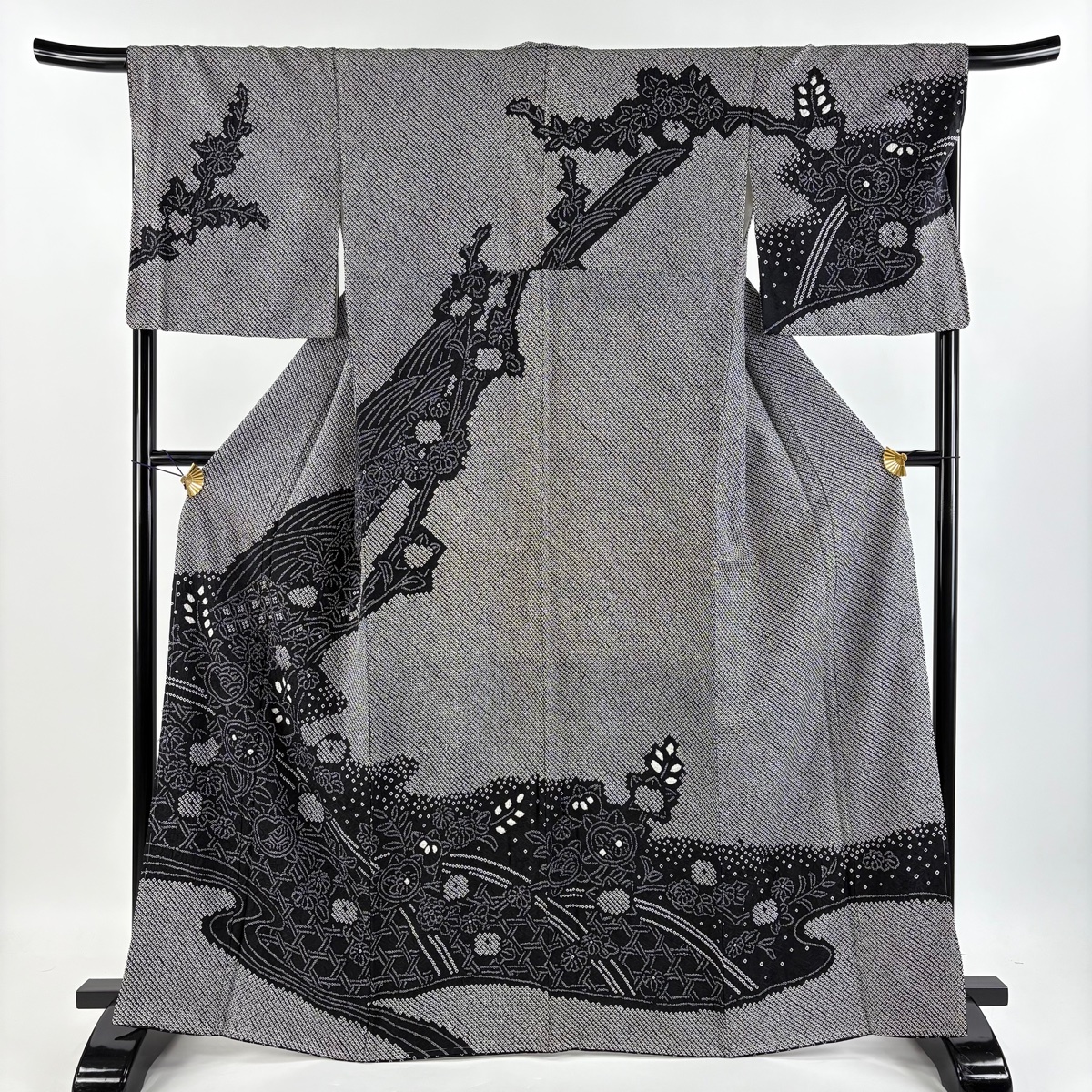 訪問着 身丈164.5cm 裄丈67cm M 袷 橘 七宝 総絞り 黒 正絹 名品 【中古】拍卖