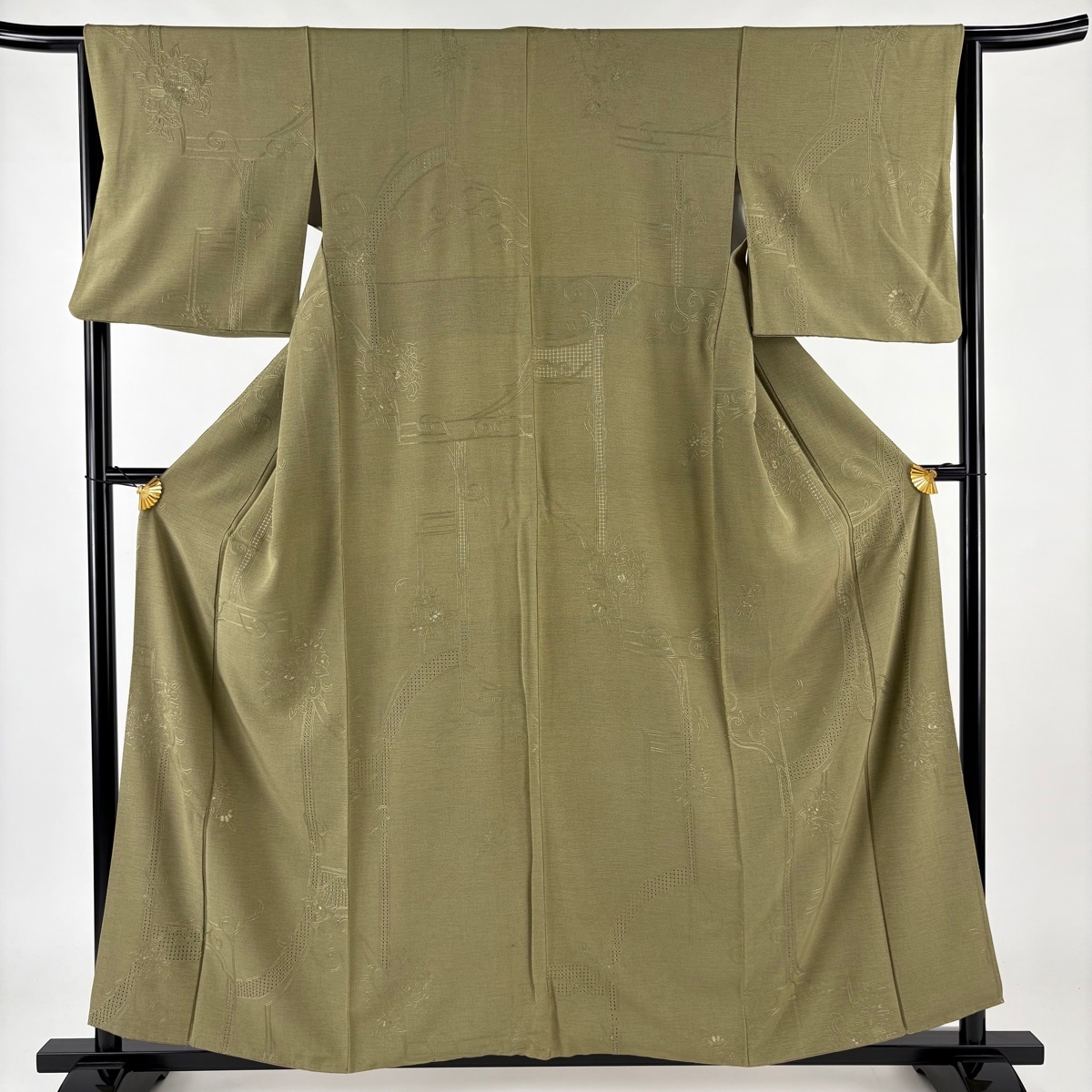 小紋 身丈158cm 裄丈64cm M 袷 草花 幾何学模様 刺繍 鶯色 正絹 美品 名品 【中古】拍卖