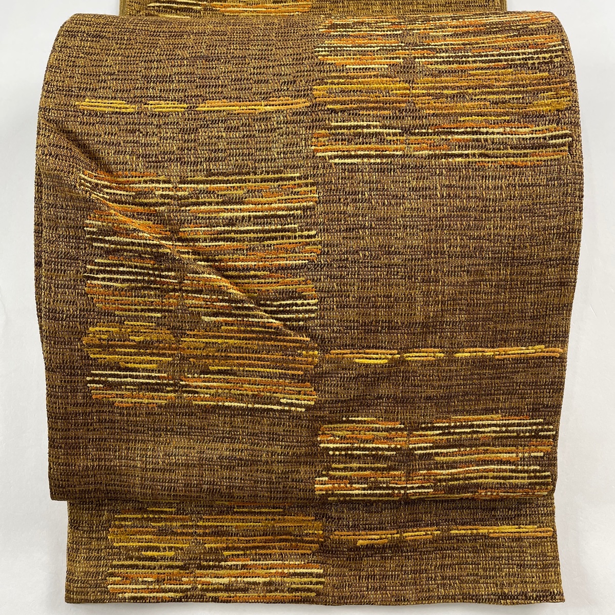 袋帯 秀品 幾何学模様 金糸 山吹茶色 六通 正絹 【中古】拍卖