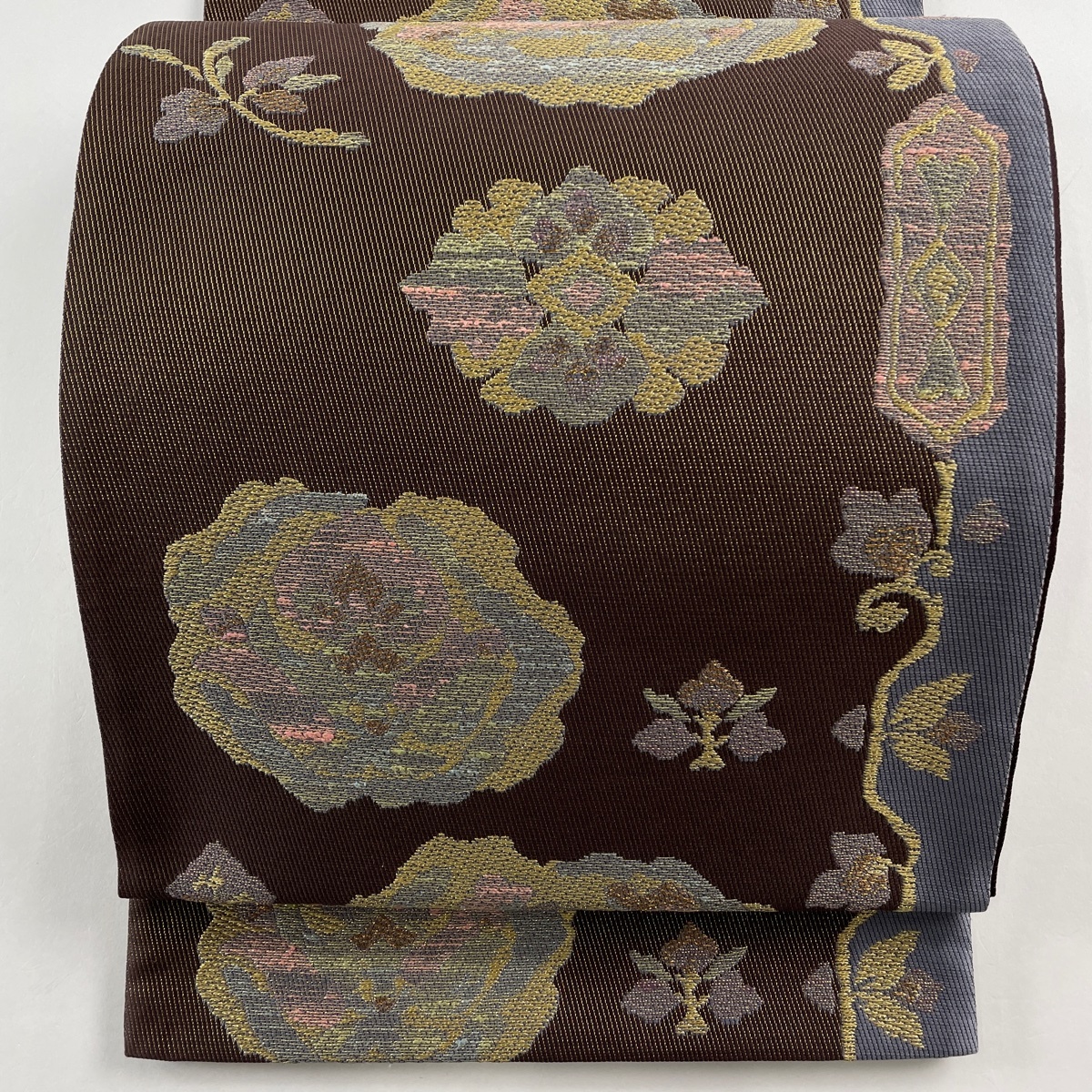 袋帯 秀品 華文 草花 金糸 箔 茶紫 六通 正絹 【中古】拍卖