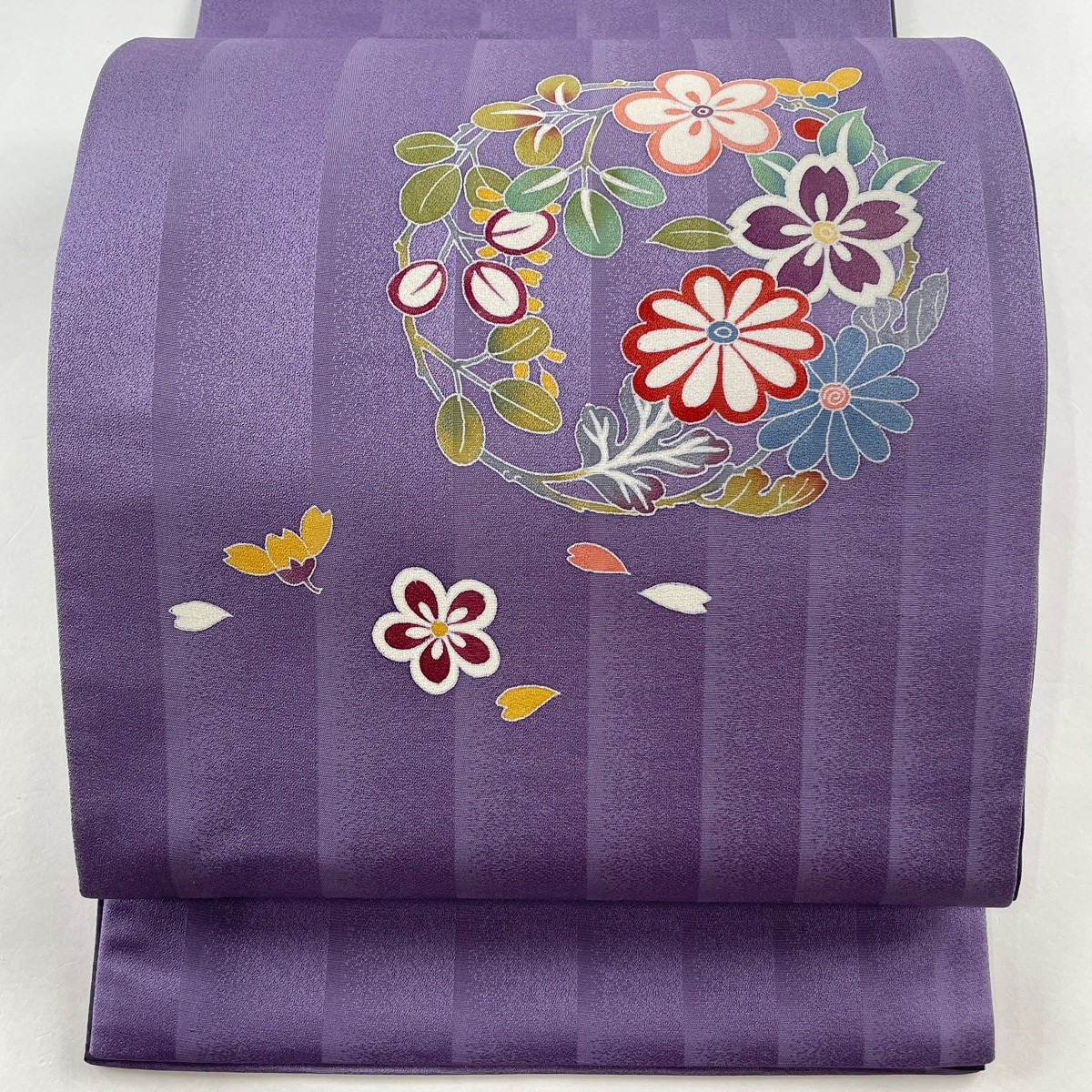 袋帯 美品 秀品 花丸文 梅 紫 お太鼓柄 正絹 【中古】拍卖