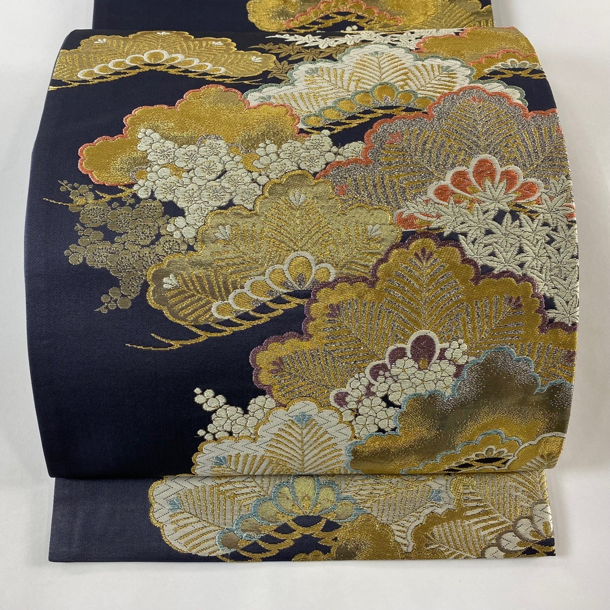 袋帯 秀品 笠松 梅 金糸 箔 墨色 六通 正絹 【中古】拍卖