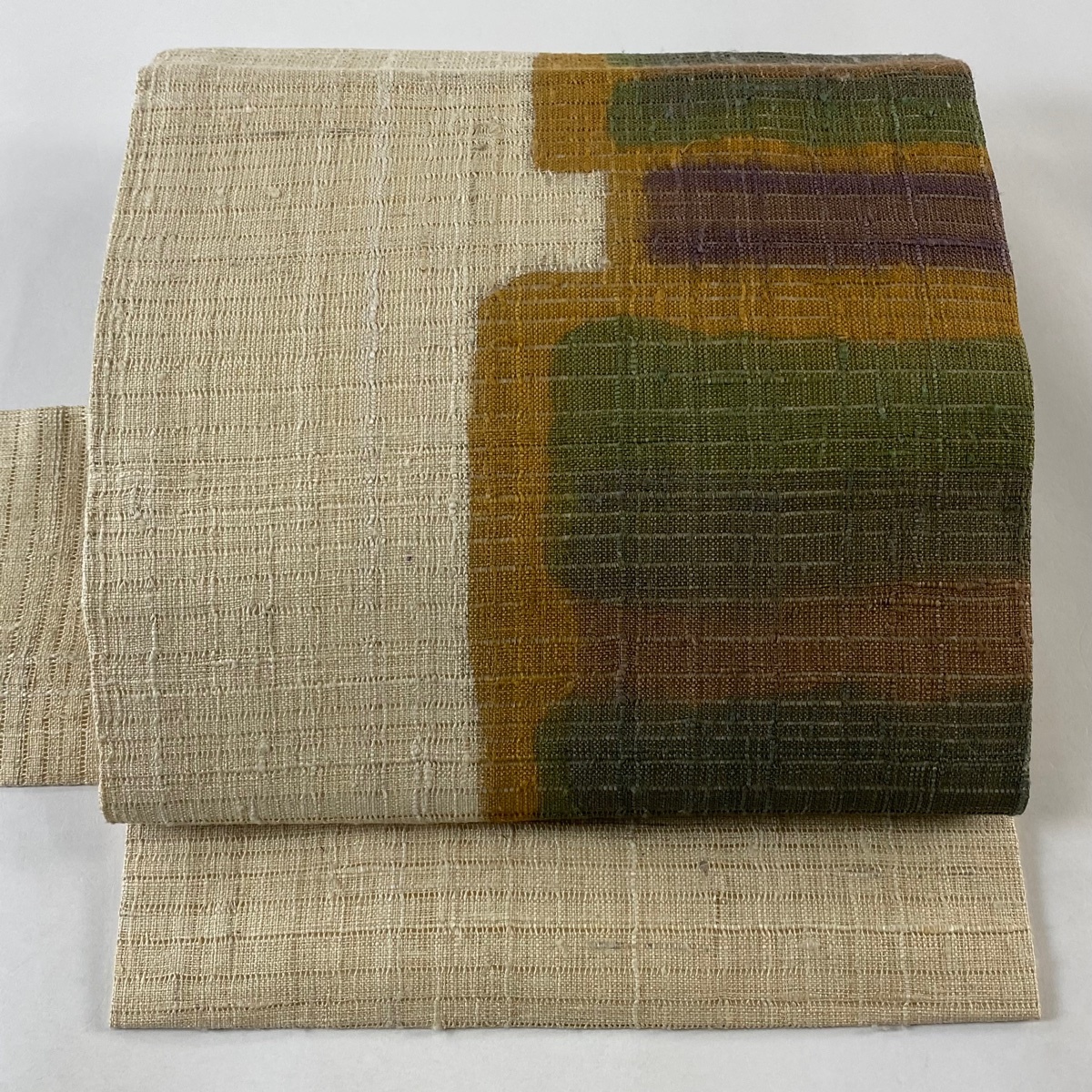 名古屋帯 美品 秀品 夏紬地 幾何学模様 ベージュ 正絹 【中古】拍卖