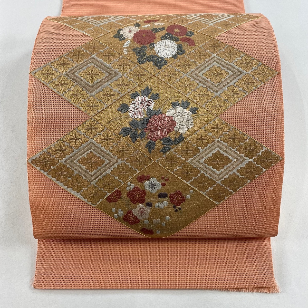 袋帯 秀品 夏帯 絽 草花 花菱 金糸 箔 サーモンピンク お太鼓柄 正絹 【中古】拍卖