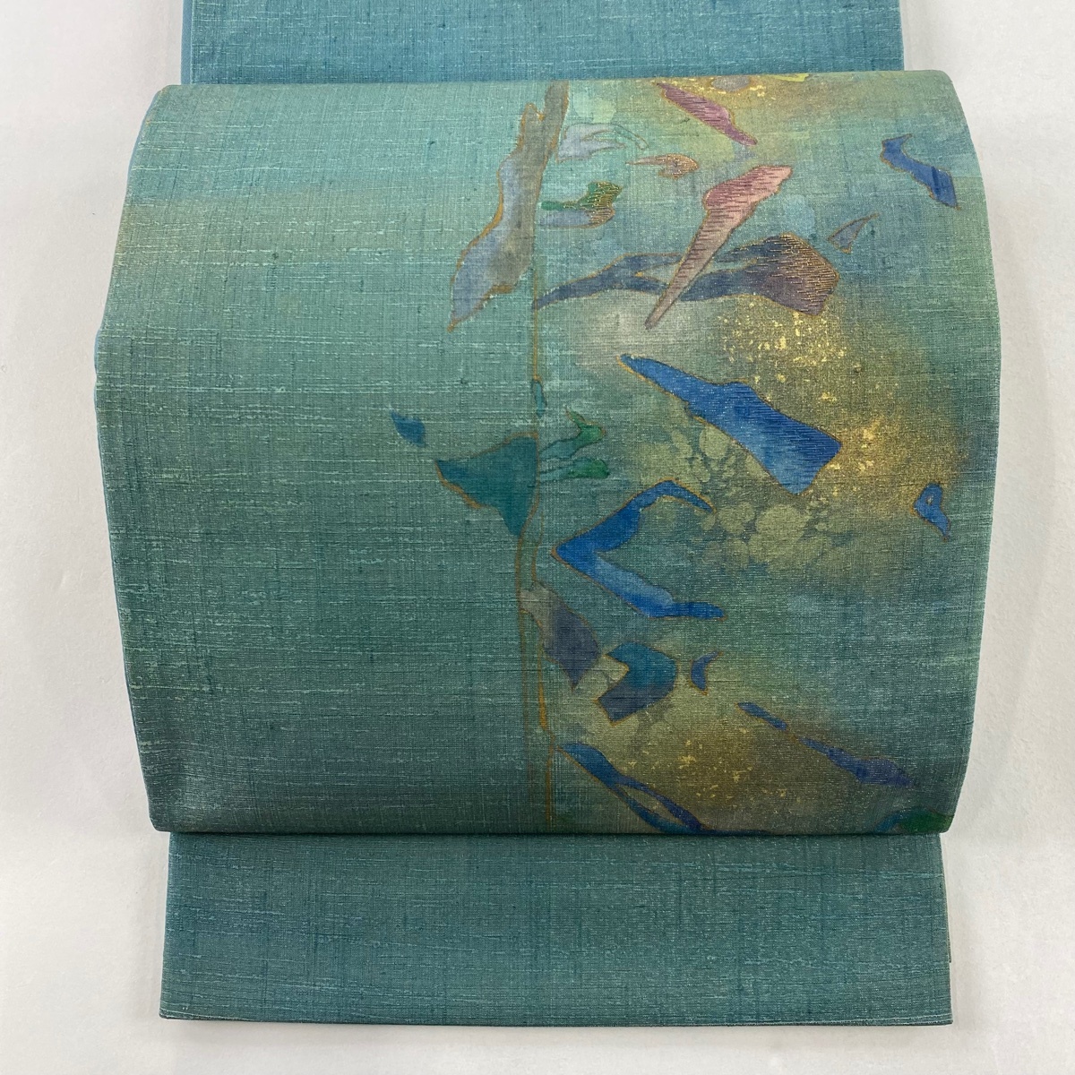 袋帯 秀品 幾何学模様 金糸 金彩 青緑 お太鼓柄 正絹 【中古】拍卖