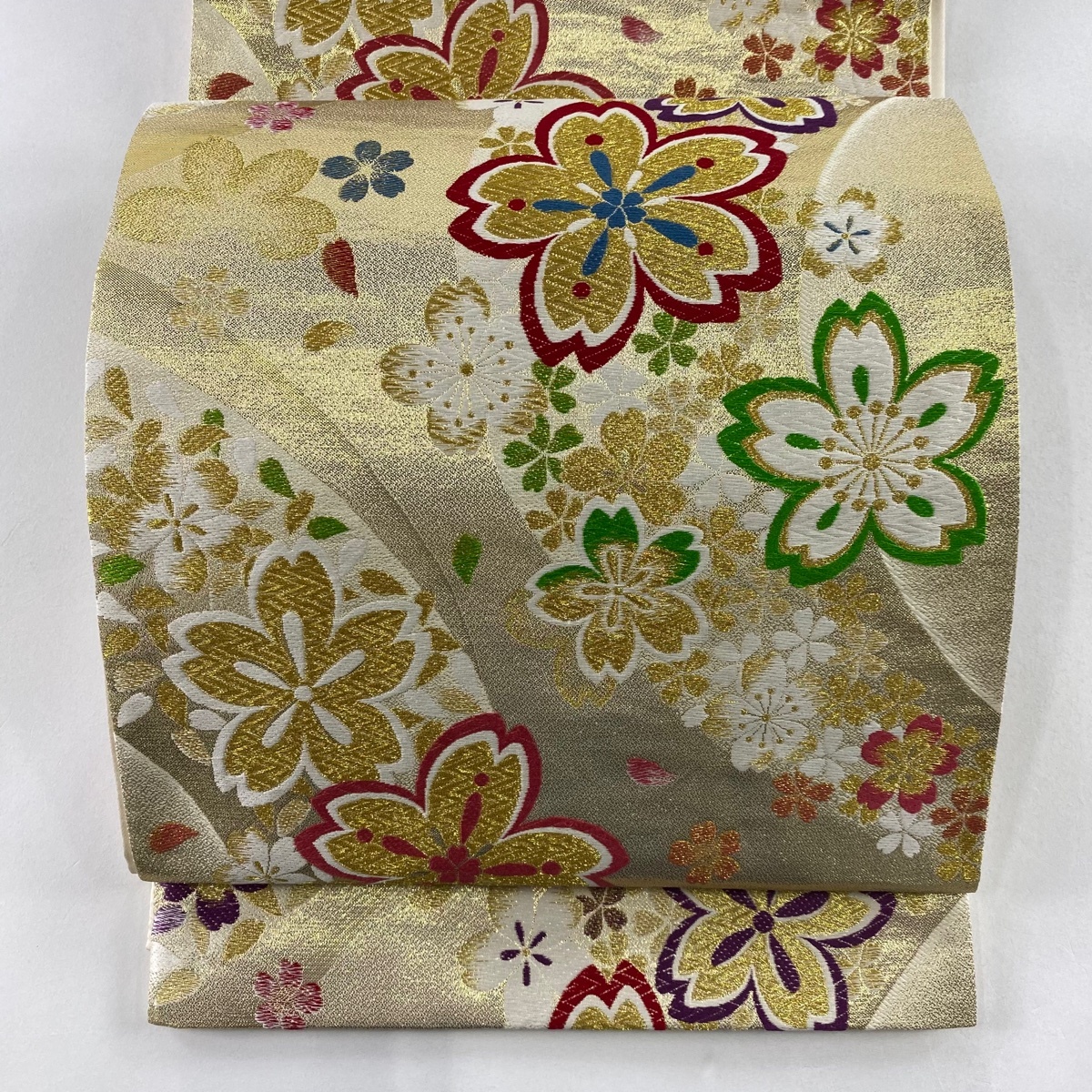 袋帯 秀品 桜 花びら 唐織 箔 金色 六通 正絹 【中古】拍卖