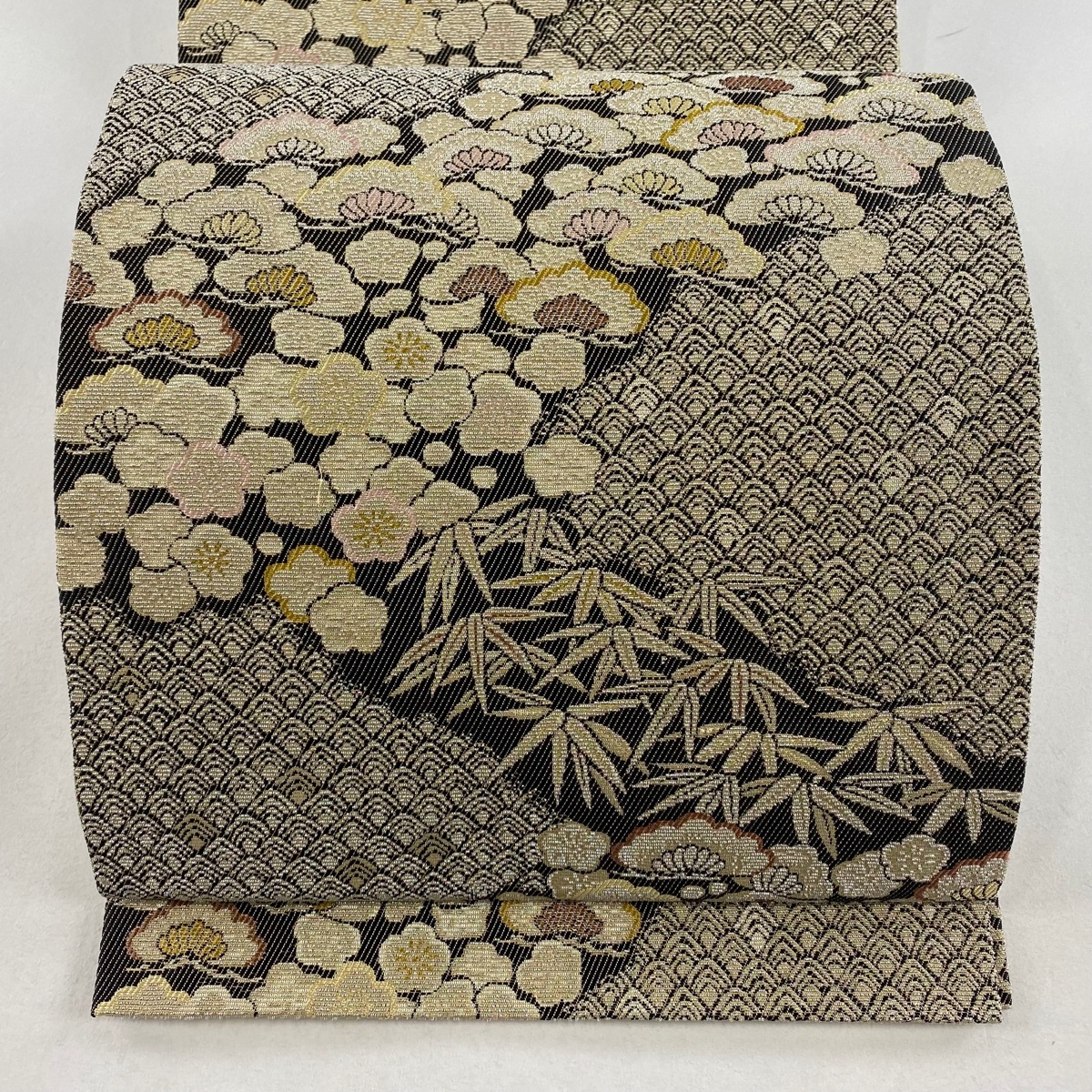 袋帯 美品 名品 松竹梅 青海波 金糸 焦茶色 六通 正絹 【中古】拍卖