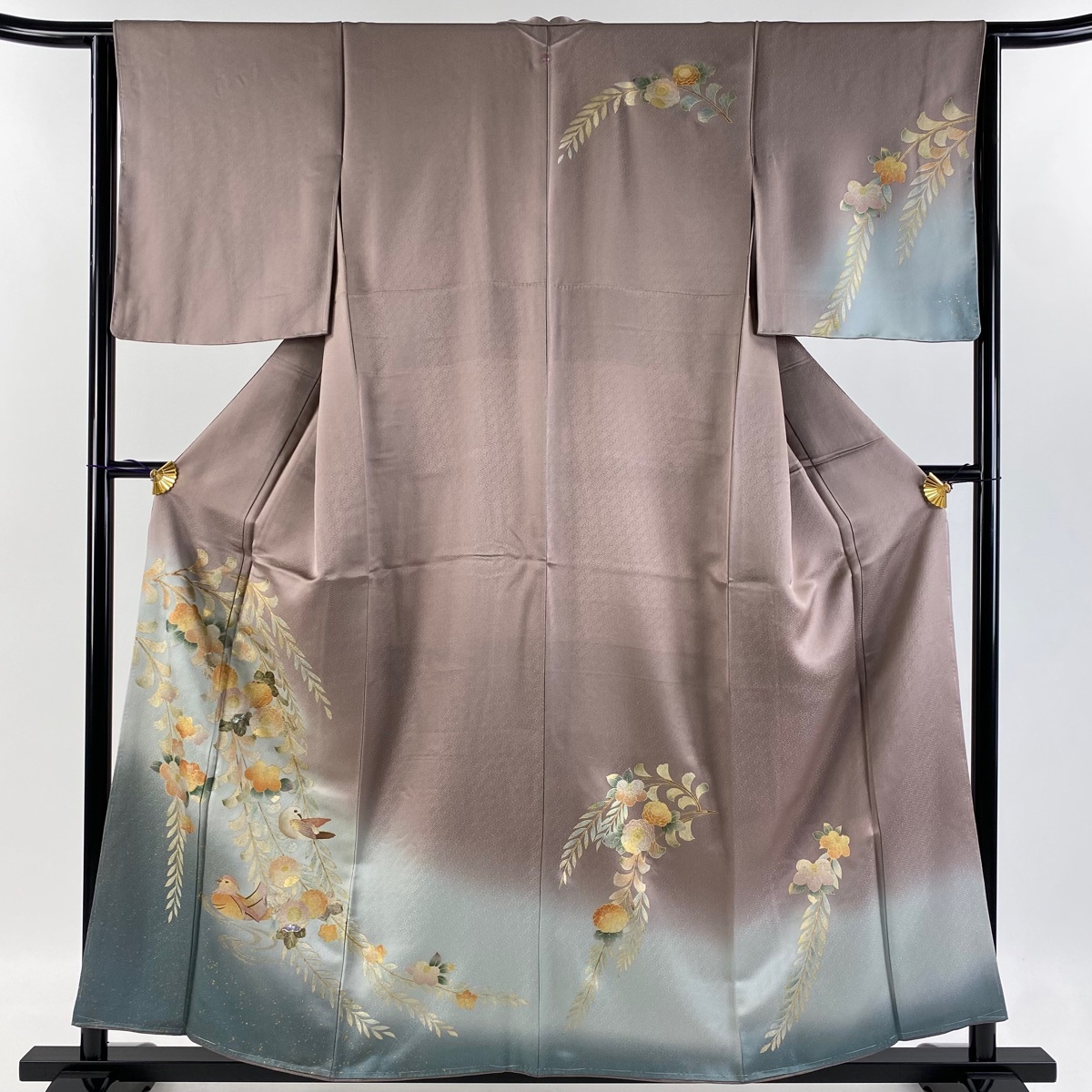 訪問着 身丈157.5cm 裄丈63cm S 袷 鴛鴦 枝花 螺鈿 金銀彩 灰紫 正絹 秀品 一つ紋 【中古】拍卖