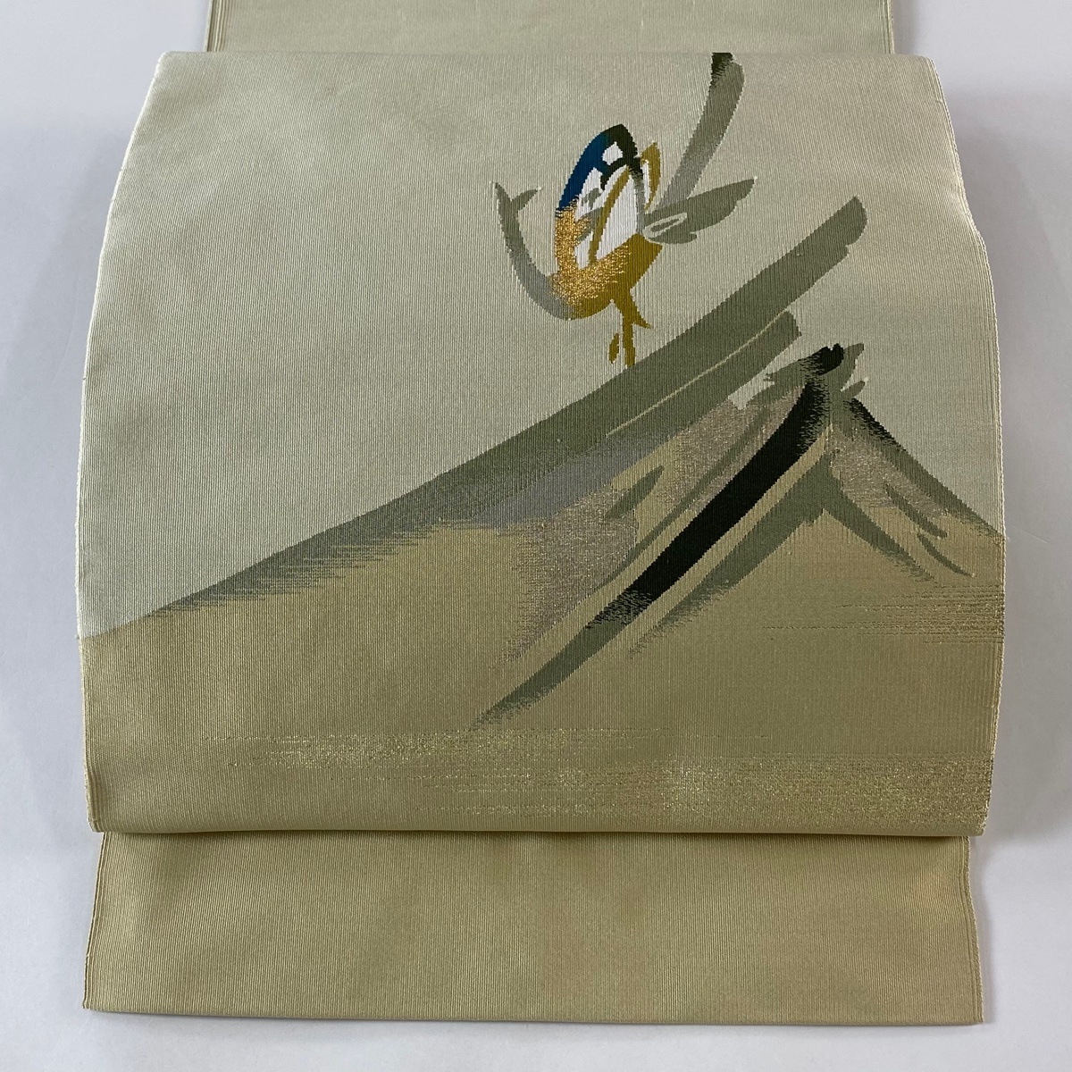 名古屋帯 逸品 証紙 八寸名古屋帯 松葉仕立て 鳥 山 金糸 爪掻本綴 ベージュ 正絹 【中古】拍卖