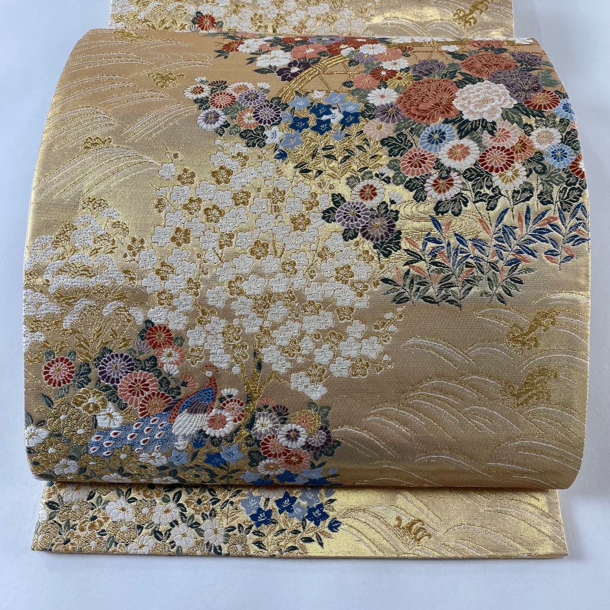 袋帯 美品 秀品 草花 尾長鳥 箔 金糸 金色 六通 正絹 【中古】拍卖