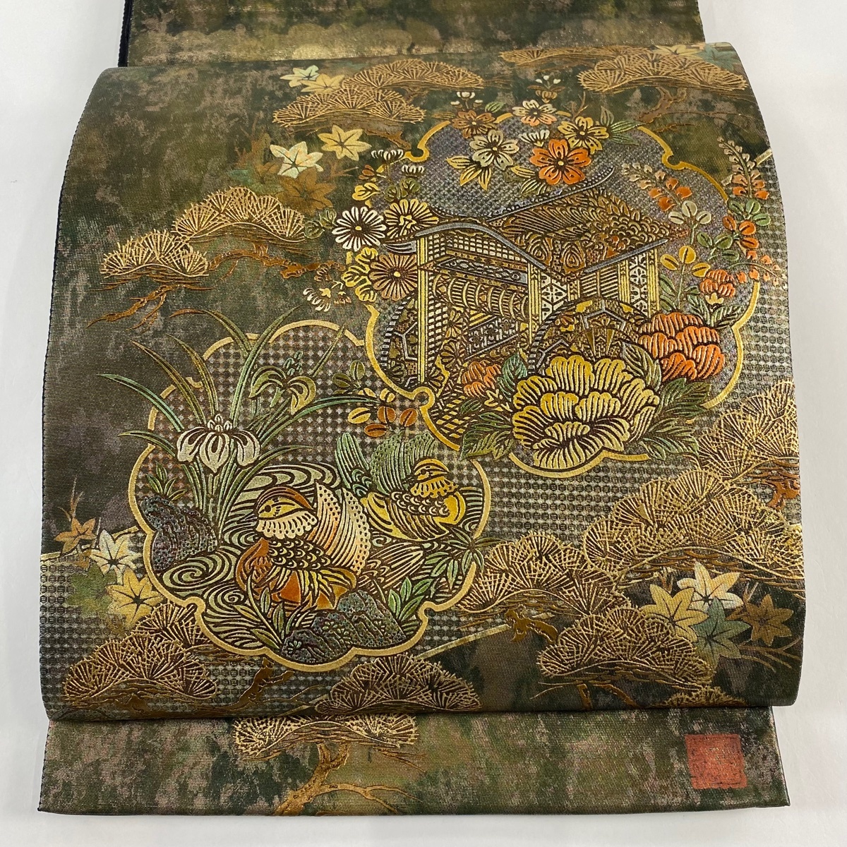袋帯 美品 秀品 落款 御所車 鴛鴦 金銀彩 箔 金茶 お太鼓柄 正絹 【中古】拍卖