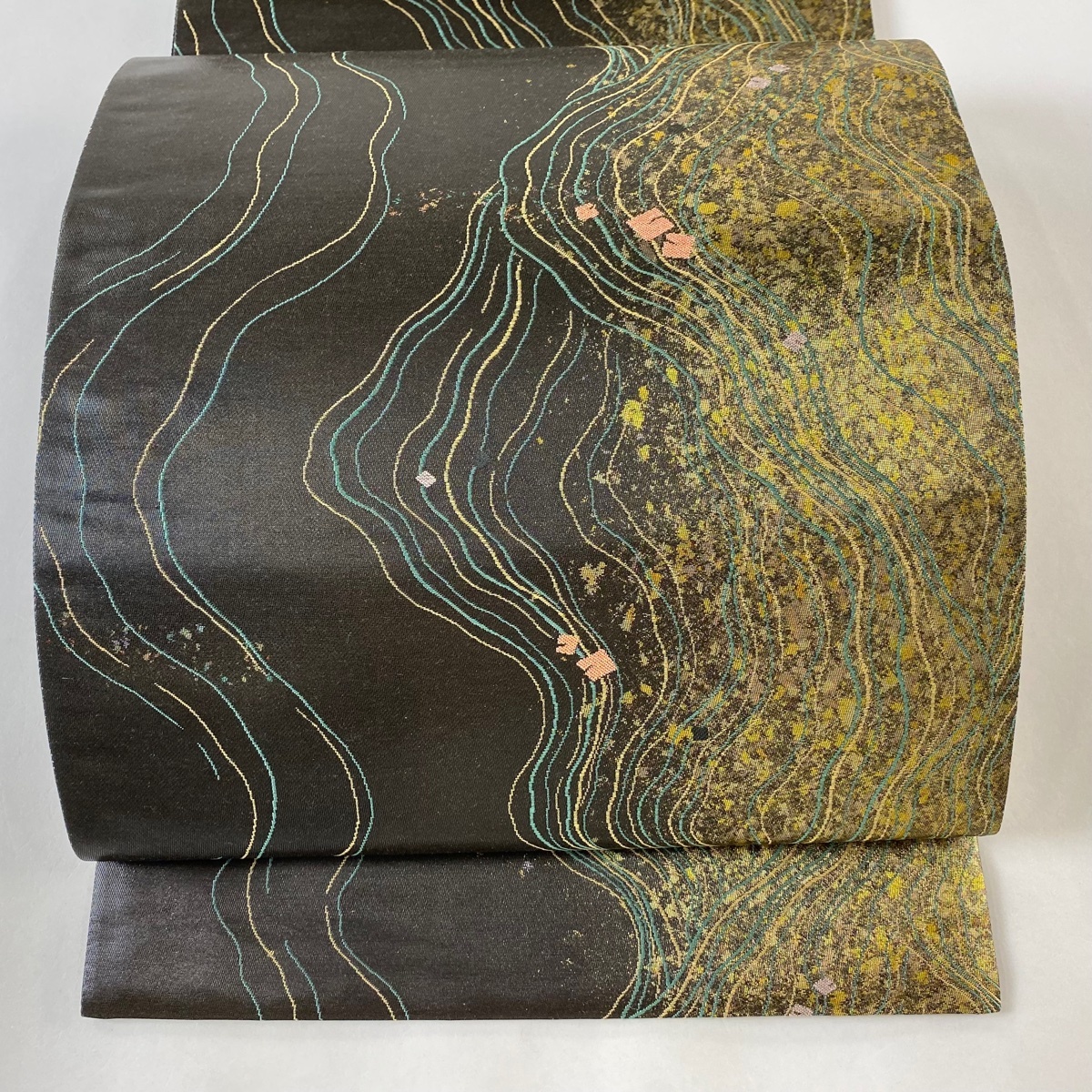 袋帯 秀品 箔散らし柄 流水 箔 黒 六通 正絹 【中古】拍卖