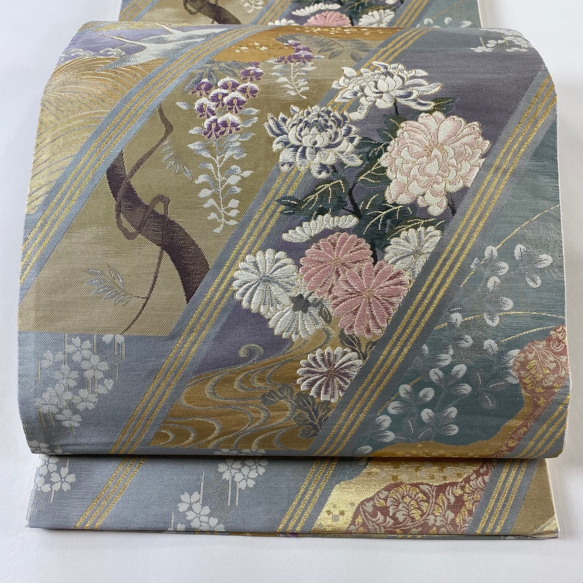 袋帯 美品 秀品 花鳥 斜縞 金糸 箔 青灰色 六通 正絹 【中古】拍卖