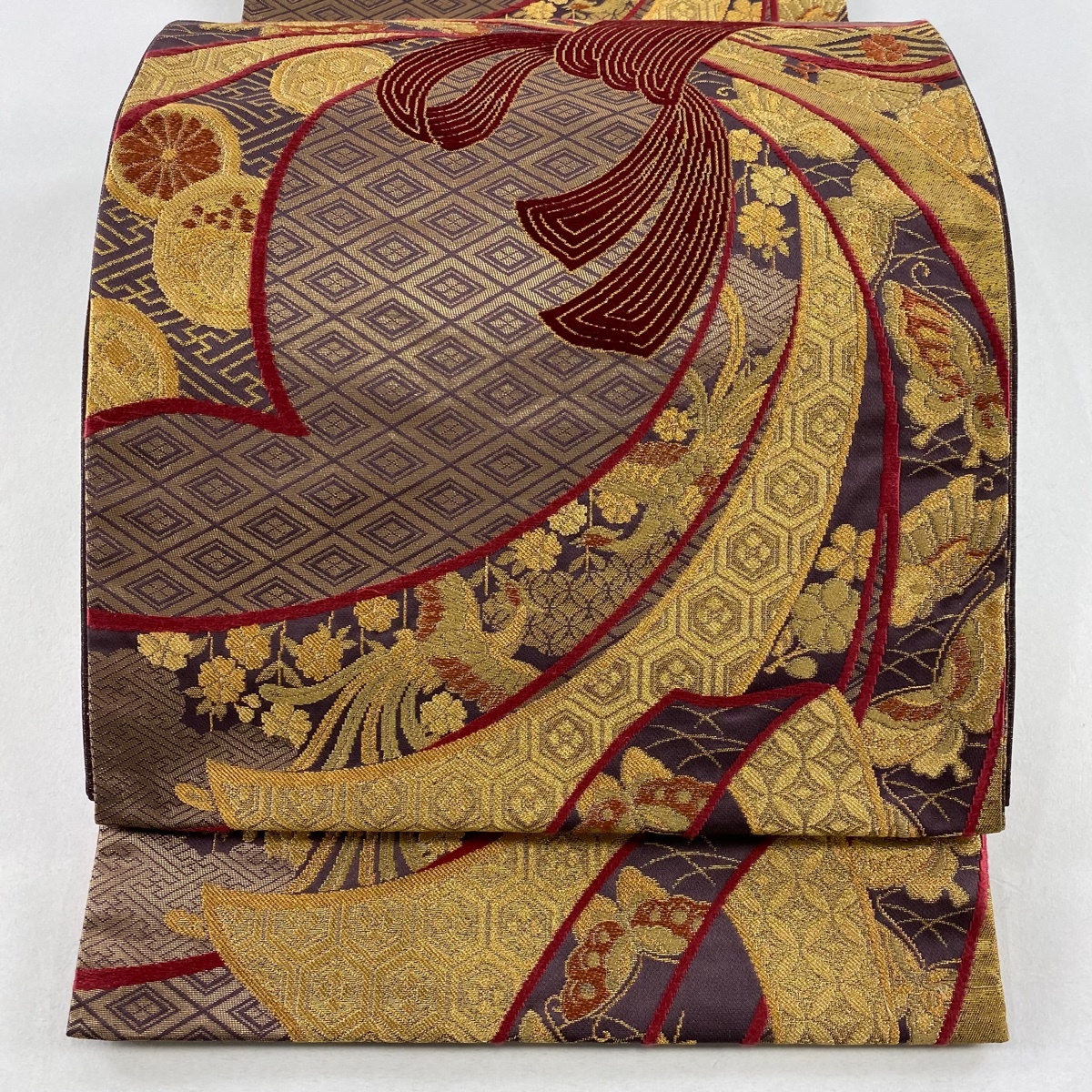 袋帯 秀品 束ね熨斗 有職文様 金糸 箔 茶紫 六通 正絹 【中古】拍卖