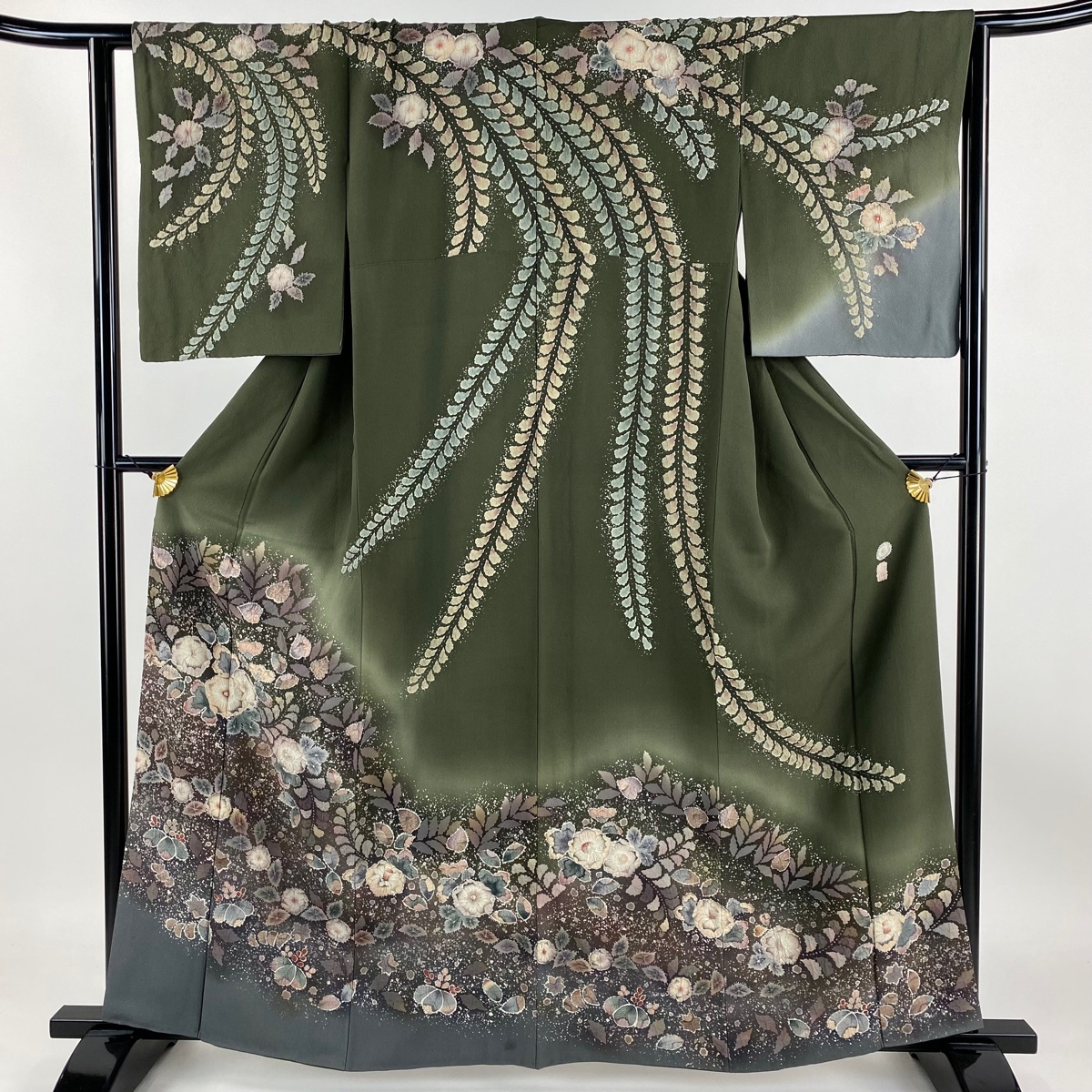 訪問着 身丈161.5cm 裄丈64.5cm M 袷 翠山工房 落款 辻が花 ぼかし 深緑 正絹 逸品 【中古】拍卖