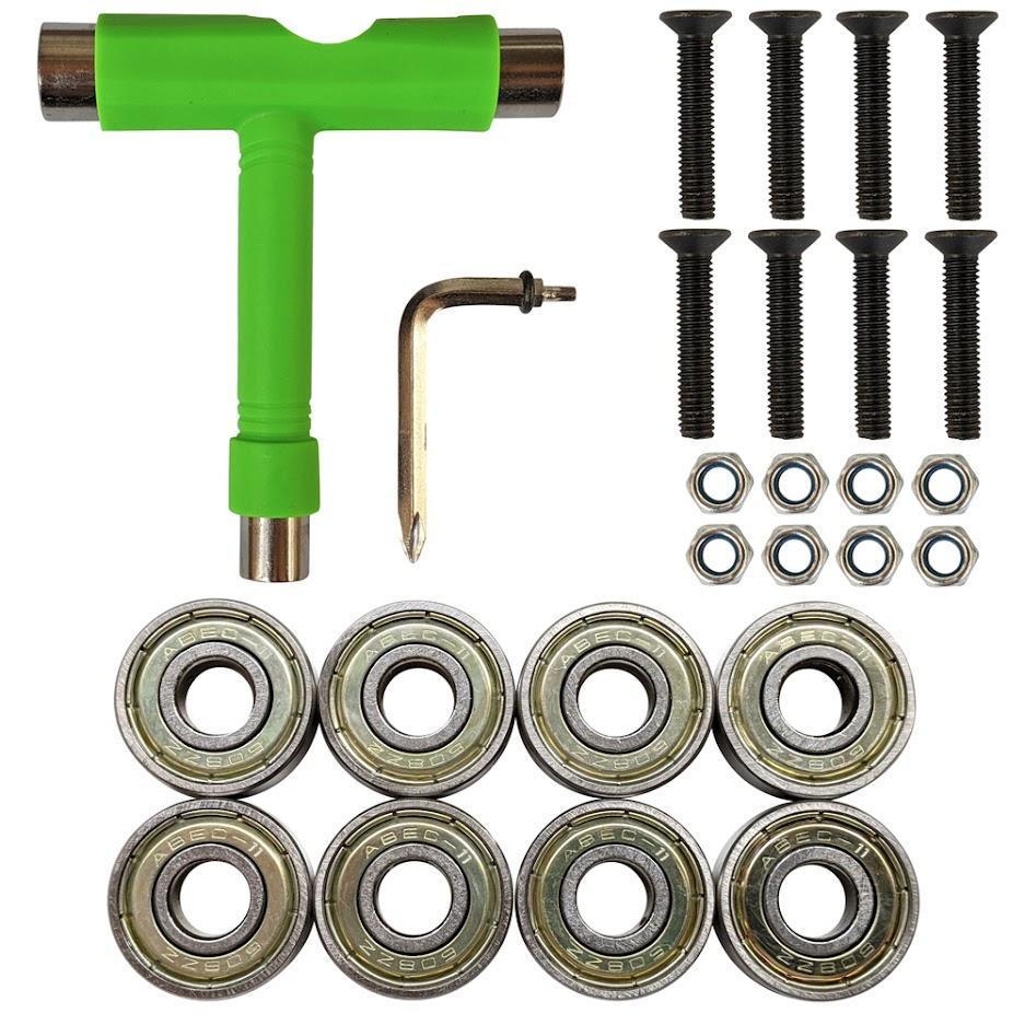 送料無料 スケートボード 工具 ベアリング ネジ ナット ABEC11 Tツール Tレンチ ビスセット 6角ヘッド 組立 修理 スケボー セット グリーン拍卖