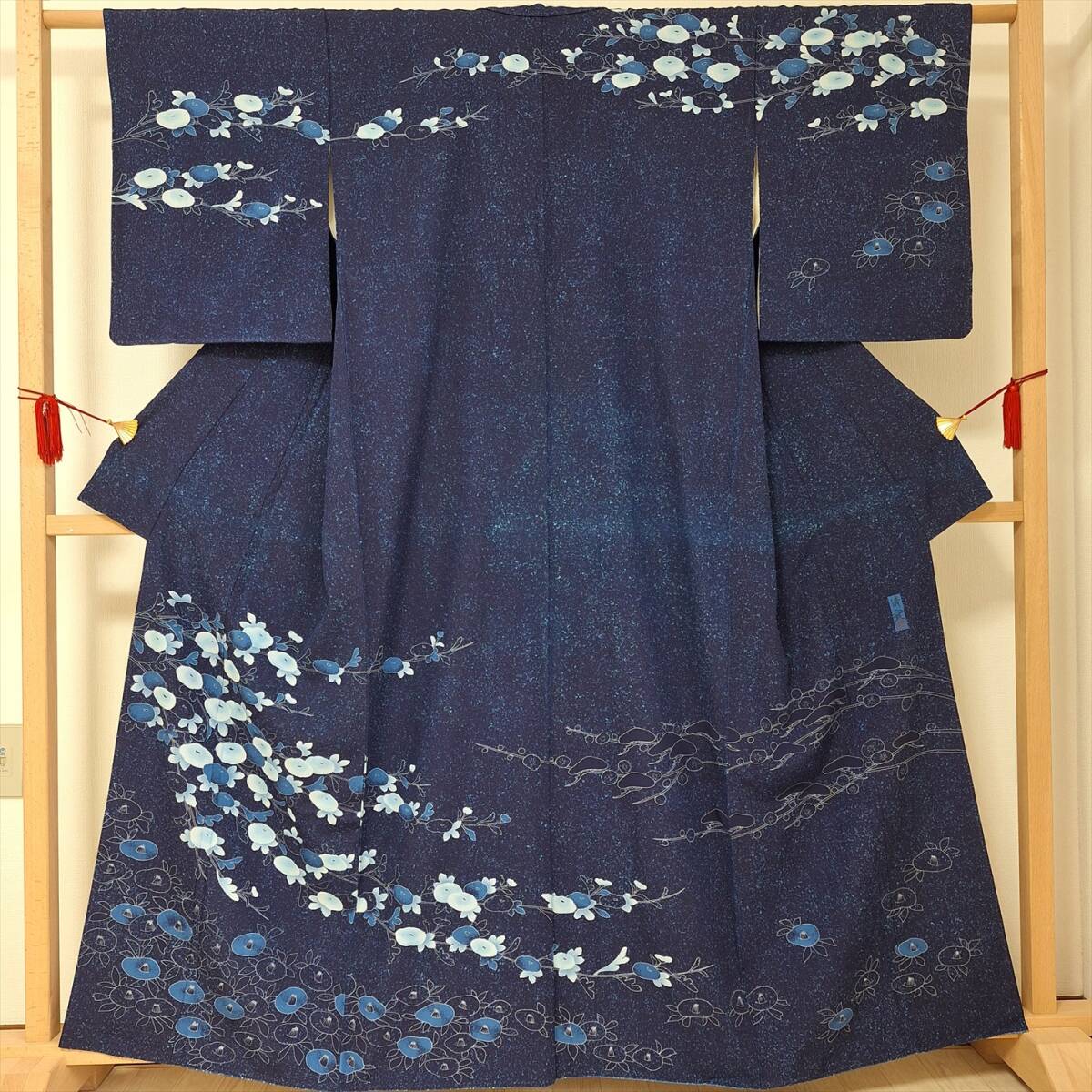 即決■着物の越田■裄65.5身丈161.5 正絹 袷 訪問着 訳あり品 落款有り 作家物 藍染作家橋詰清寛 たたき染め 双◇ほ24E05拍卖