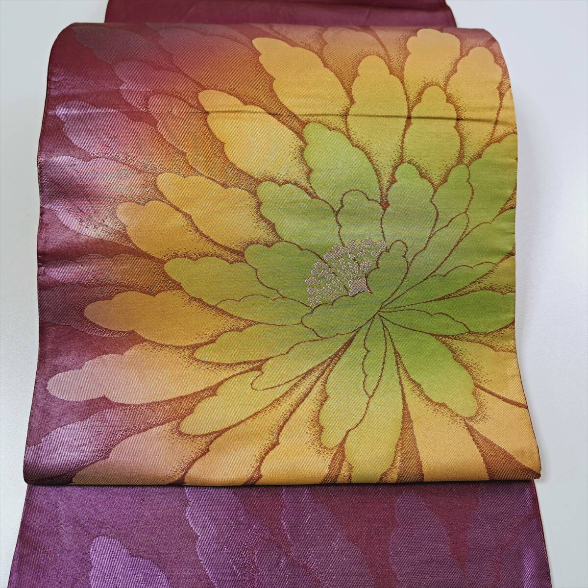 即決■着物の越田■幅30.5長さ421.5 正絹 袋帯 大輪の花 グラデーション 六通 銀糸あり ■ま07J10拍卖