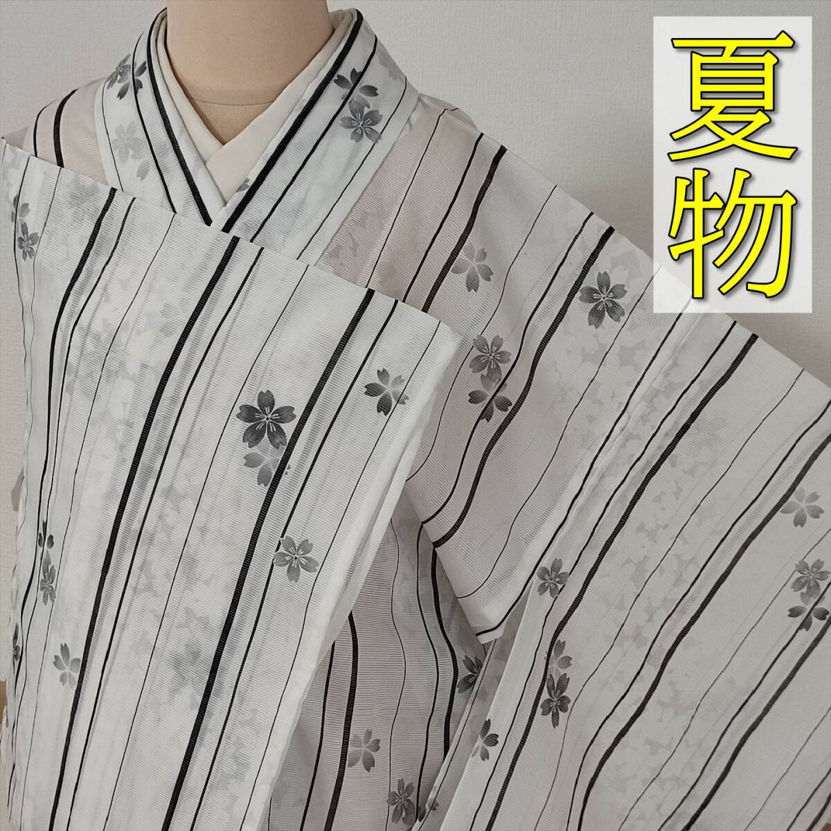 即決■着物の越田■裄65身丈161 化繊 小紋 夏物 絽 桜 モノトーン系 透け感 よそ行き 普段着 日常着■ま10E06a拍卖