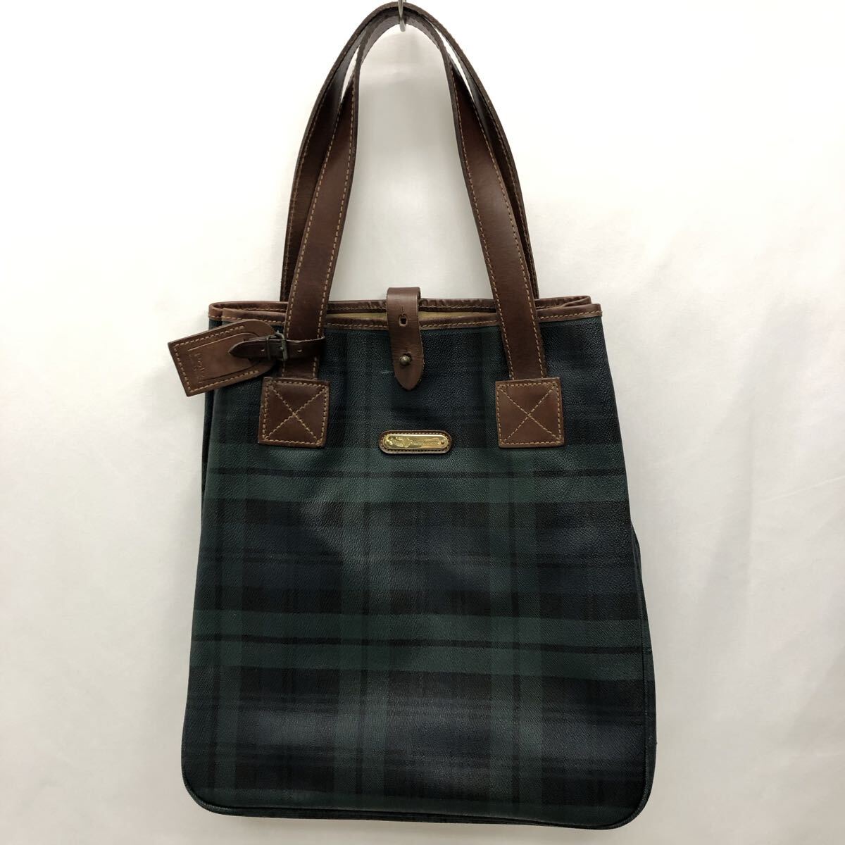 POLO RALPH LAUREN ポロラルフローレン チェック柄 レザー トートバッグ PVC 肩掛け ヴィンテージ レザー グリーン ブラウン 鞄 中古品 拍卖