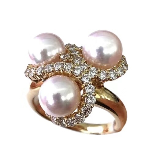 18745 パール ダイヤモンド デザイン リング イエローゴールド K18 13号 【中古】 美品 指輪 レディース 宝石拍卖