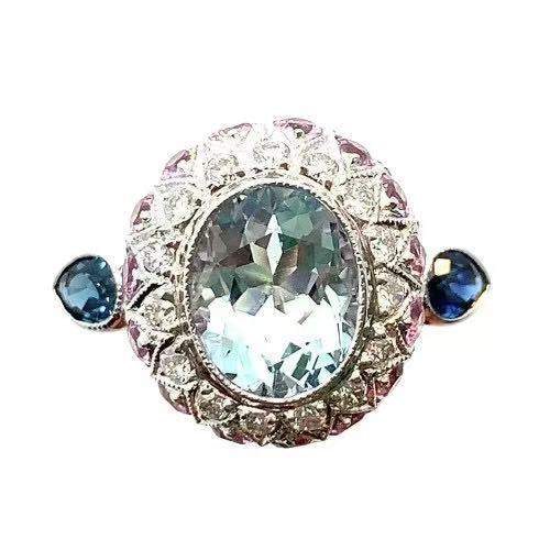 23177 アクアマリン 2カラット サファイヤ ピンクサファイヤ ダイヤモンド デザイン リング K18WG ホワイトゴールド 17号 6.9g拍卖