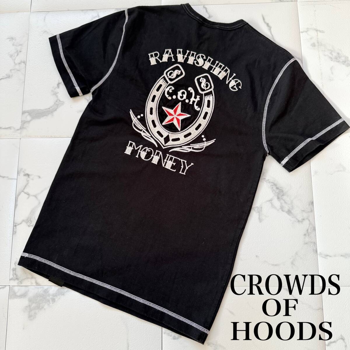 CROWDS OF HOODS クラウズ・オブ・フーズ LUCKY RUDY バッグ 背中 刺繍 半袖 Tシャツ ブラック S 極美品 ロック、ホッドロッド系 Y2K拍卖
