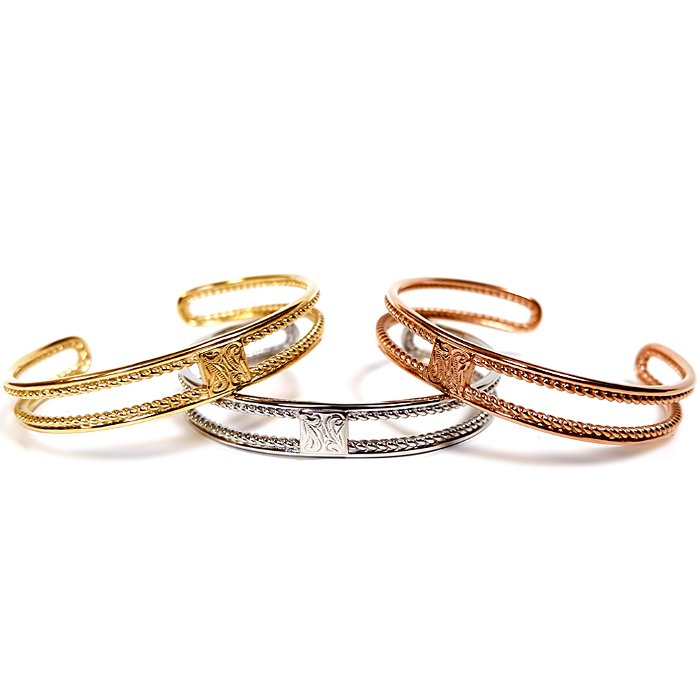 ★人気★インスタ★ハワイアンジュエリー★金属アレルギー&温泉&海水浴OK★ステンレスバングル★シルバー&ゴールド&ピンクGD&透かし&波拍卖