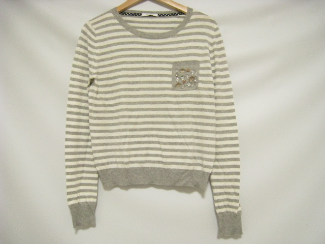 iBLUES イブルース トップス ニット 長袖 クルーネック 薄手 灰色×白 グレー×ホワイト ボーダー Mサイズ ビジュー拍卖