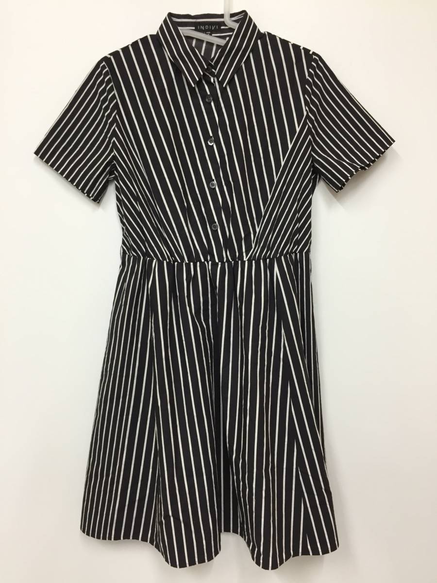 送料無料 INDIVI インディビ レディース ワンピース シャツワンピ ストライプ 柄 黒 ブラック 半袖 スカート 膝丈 日本製 キレイ 大人拍卖