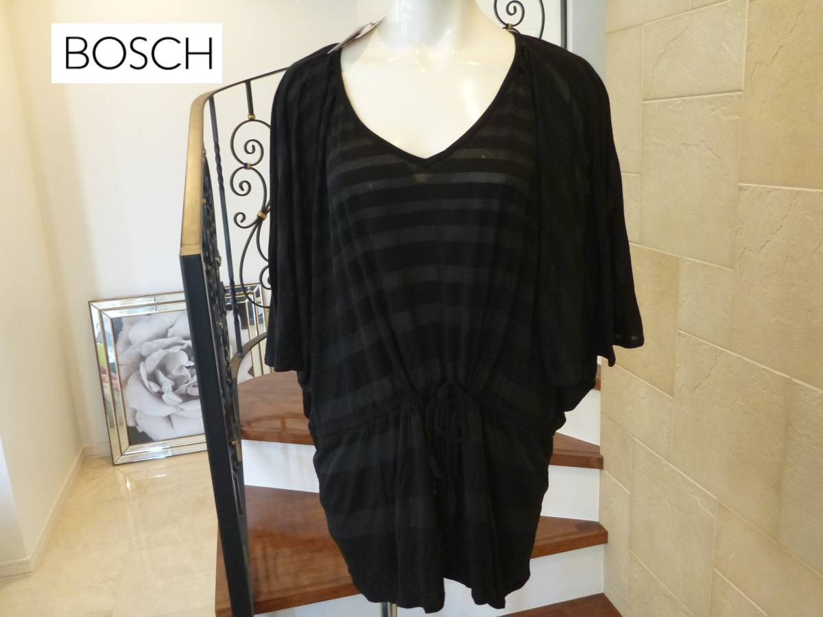 1.5万 新品 BOSCH ボッシュ ★黒ブラック ドルマン ボーダー 地模様 半袖チュニックトップス 38 M相当拍卖