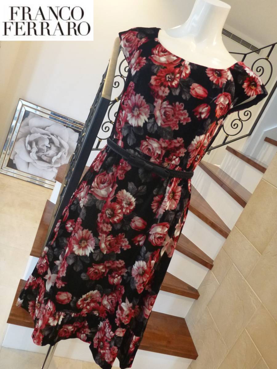 美品 FRANCO FERRARO(フランコフェラーロ) ★花柄 ワンピース ベロア素材 日本製 1 S相当拍卖