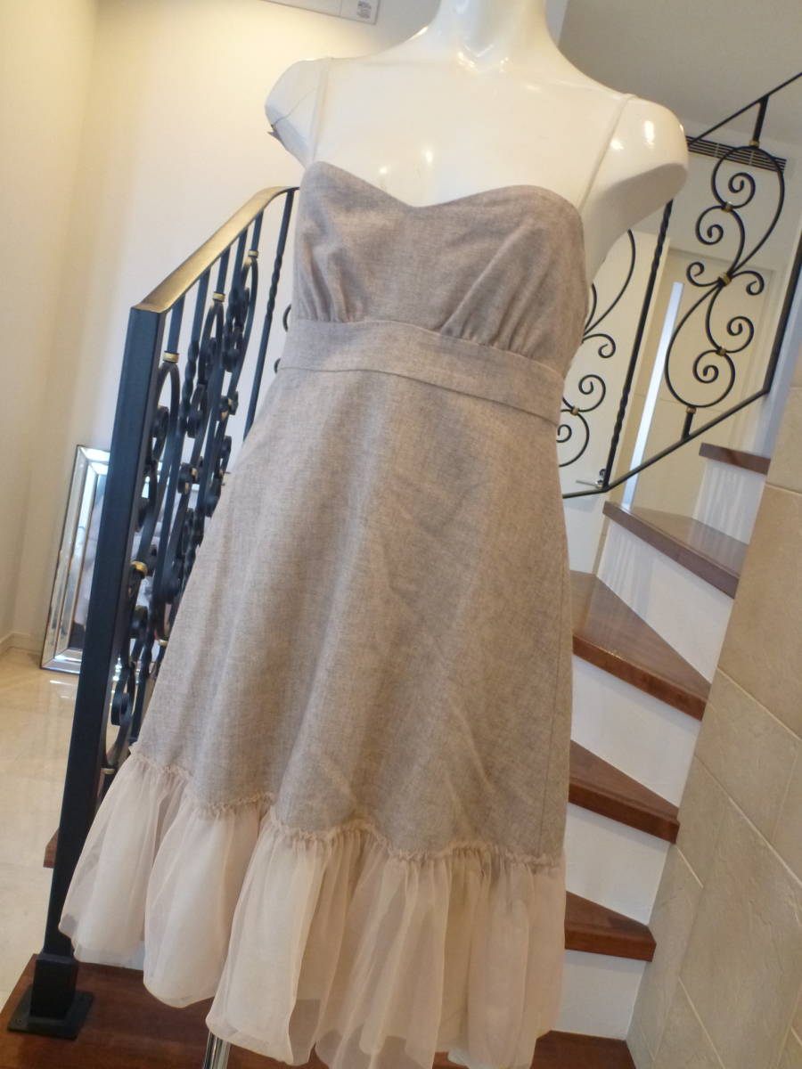3万 美品 ME COUTURE (ミークチュール) ★ベージュツイード素材 肩紐調節可能 裾チュールレース ワンピース S相当拍卖