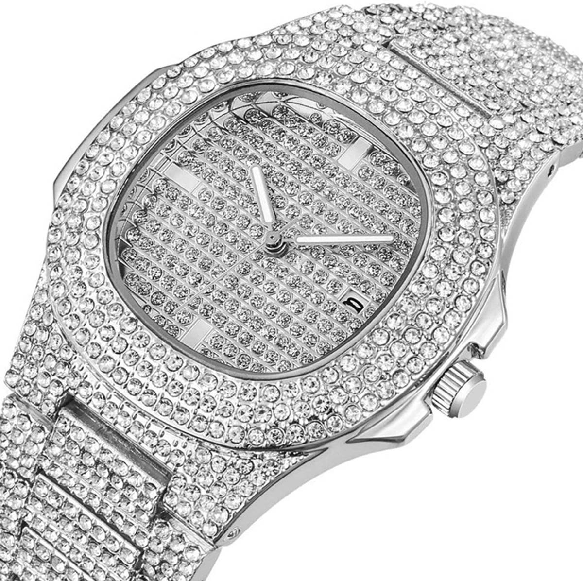 超豪華! HIPHOP ラッパー ブリングゴージャス 腕時計 (シルバー)!。拍卖