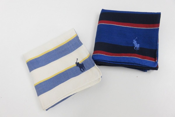 【送料無料】2枚セット ラルフローレン RALPH LAUREN ハンカチ ストライプ 青 白 ロゴ刺繍入り拍卖
