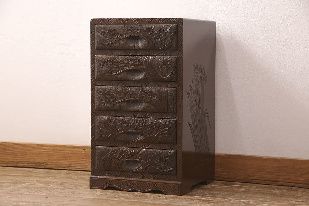 R-052609 中古 伝統工芸 日光彫り 三種の花が楽しめる小引き出し(小物収納、卓上収納)(R-052609)拍卖