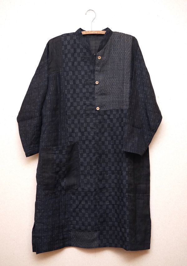 862A7◆古布リメイク◆麻ワンピース◆チュニック◆上布◆絣と縞◆七分袖◆ゆったりサイズ◆古着拍卖