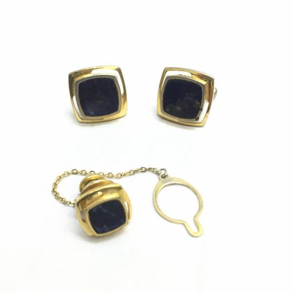 【カフス タイタック セット】約1.8×1.8cm 約1×1cm スクエア ゴールド×ネイビー シンプル 四角 金色 紺色 剥げあり拍卖