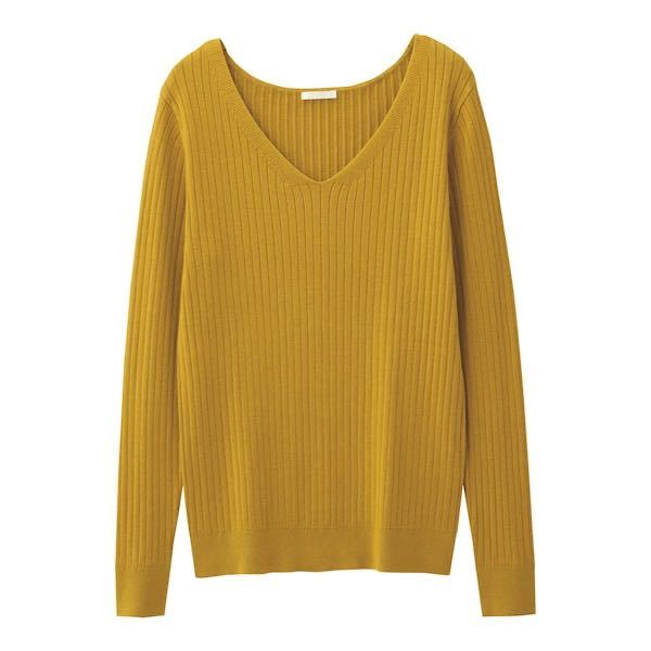 GU/ジーユー ワイドリブVネックセーター マスタード イエロー S拍卖