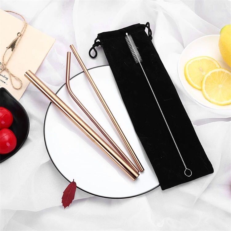 ★まとめ売り店舗★ ステンレスストロー 3本セット タピオカ対応 洗浄ブラシ ケース付拍卖