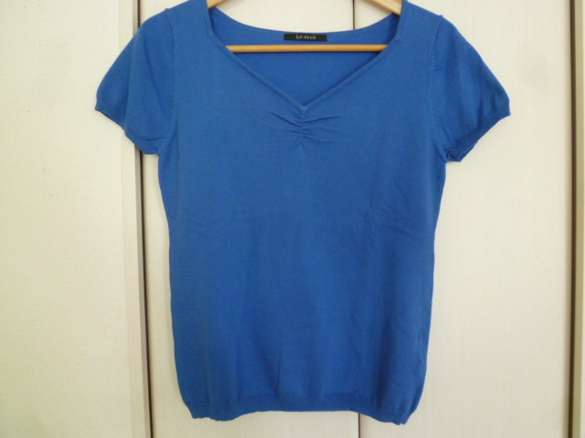 Le souk/ルスーク○青パフスリーブニット42/ブルー半袖トップスフランドル大きいサイズLLXL○T73拍卖