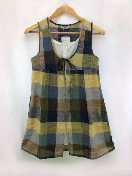 ap0954 △ 新品 ▲ Quelle chance ケルシャンス チュニック S 青 黄 茶 配色 白 花柄釦 重ね着風 ノースリーブ 夏 涼 薄手 レース リボン 拍卖